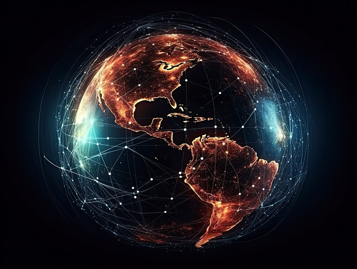 Globus mit markierten Serverstandorten und Verbindungen 